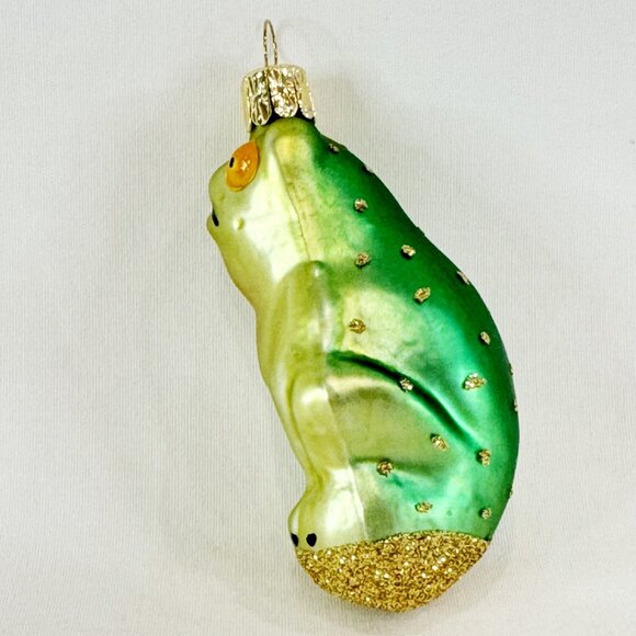 Vintage Blown Glass Frowning Green Frog Gold Glitter Spots Christmas Ornament 3" - Picture 5 of 6
